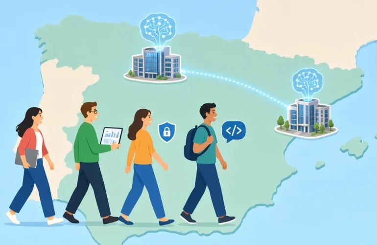 Ilustración de profesionales de datos e inteligencia artificial caminando hacia los nuevos centros de IA de Bilbao y Barcelona sobre un mapa de España